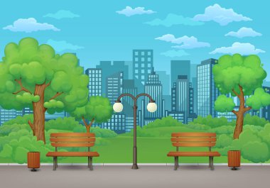 Yaz dönemi, bahar gün park sahne. İki banklar çöp kutularını ve yemyeşil yeşil ağaçlar ve çalılar ile bir asfalt park izinde sokak lambası. Yeşil çayırlar, cityscape gökdelenler ile ve arka planda bulutlar ile mavi gökyüzü.