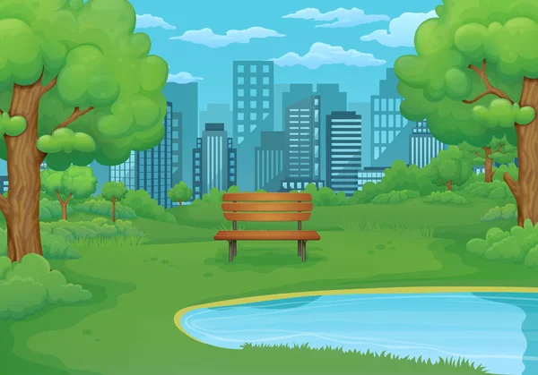 Verano Ilustración Vectorial Primavera Banco Madera Junto Lago Con Exuberantes — Vector de stock