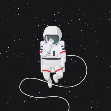 Vektör çizim. Yazık ya da üzüntü ifade astronot uzayda kask, dokunmadan el ile. Facepalm. Bir arka planda yıldızlarla karanlık alan.