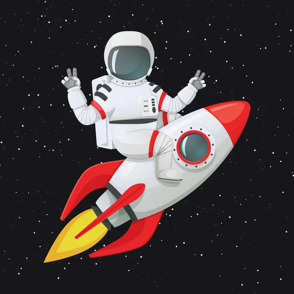 両手でモモの看板作りロケットにまたがって座っている宇宙飛行士 バック グラウンドで星と暗い空間 — ストックベクタ