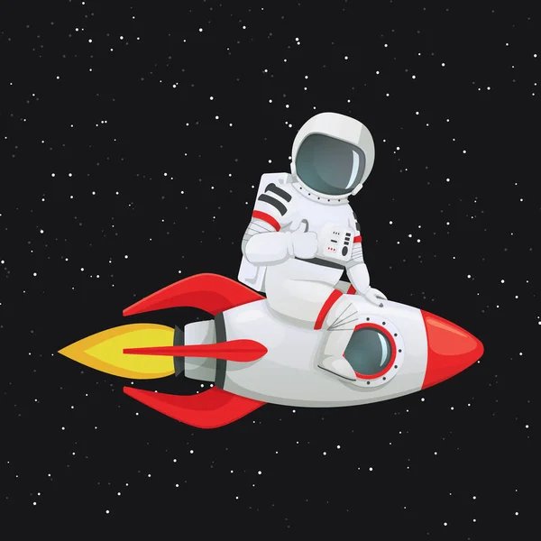 Astronaut Sitting Astride Rocket Ship Giving Thumbs Gesture One Hand — Stock Vector