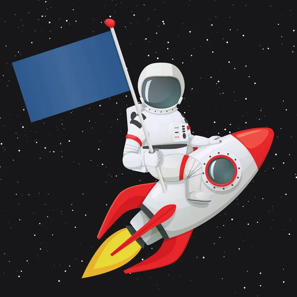 Astronauta Sentado Horcajadas Cohete Sosteniendo Bandera Con Mano Derecha Tocando — Vector de stock