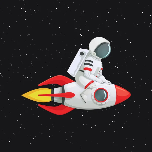 両手で船の上に保持しているロケットにまたがって座っている宇宙飛行士 バック グラウンドで星と暗い空間 — ストックベクタ