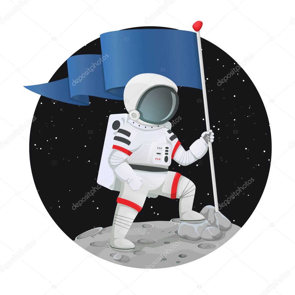 Astronaut with the flag triumphantly standing on the surface of a planet with dark space and stars in the background. Exploration, adventure, discovery, conquest. Success, achievement, goal or motivation concept.