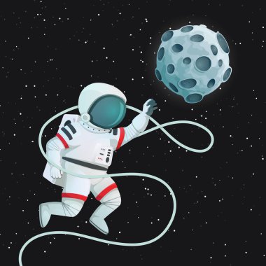 Tek eliyle uçan urgan ile astronot aya ulaşan uzanmış. Vektör poster, kart. Karanlık alan ve yıldız içinde belgili tanımlık geçmiş. Keşif, seyahat, aspirasyon kavramı.