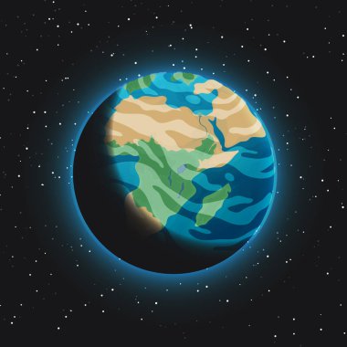 Dünya gezegeni uzaydan kısmen görünür karanlık tarafı ile görünümünü. Parlak mavi küre okyanuslar, kıtalar ve bulutlar karanlık evren ile atmosferde ve yıldız içinde belgili tanımlık geçmiş. Vektör simgesi.