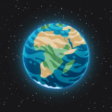 Gezegeni uzaydan görünümü. Parlak mavi küre okyanuslar, kıtalar ve bulutlar karanlık evren ile atmosferde ve yıldız içinde belgili tanımlık geçmiş. Vektör simgesi.