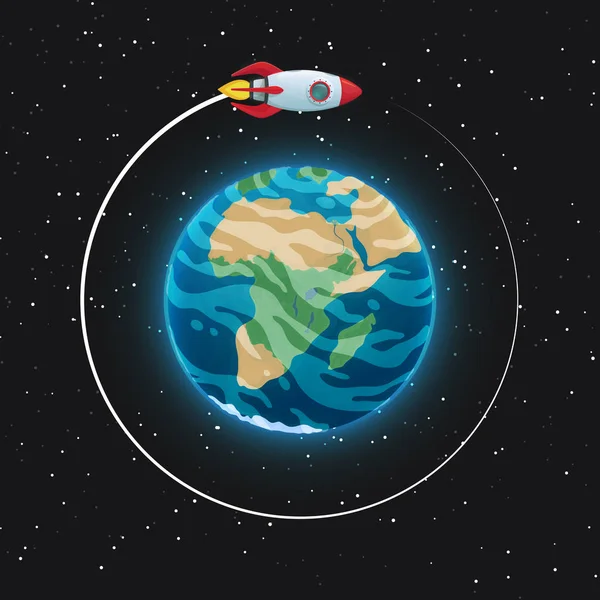 从太空看地球 在大气中有海洋 大陆和云的蓝色球体 轨道上的宇宙飞船 背景中的黑暗宇宙和星星 矢量图标 — 图库矢量图片