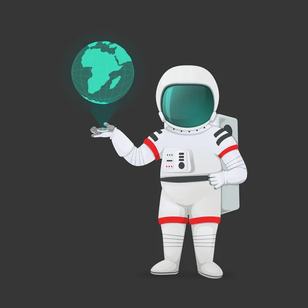 Astronaute Avec Hologramme Projetant Planète Terre Isolé Sur Fond Sombre — Image vectorielle