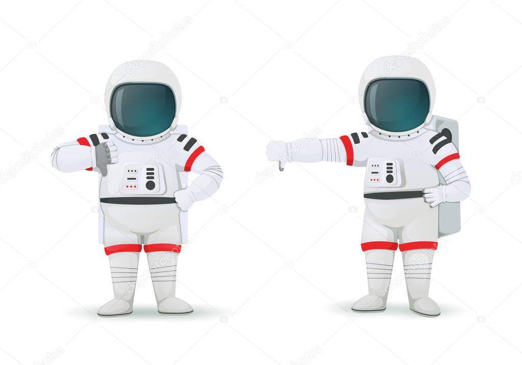 Set of astronauts making gestures of disapproval. One hand akimbo and other showing thumbs down sign. Dislike, rejection pose. Isolated on a white background. Cartoon characters. Vector illustration.