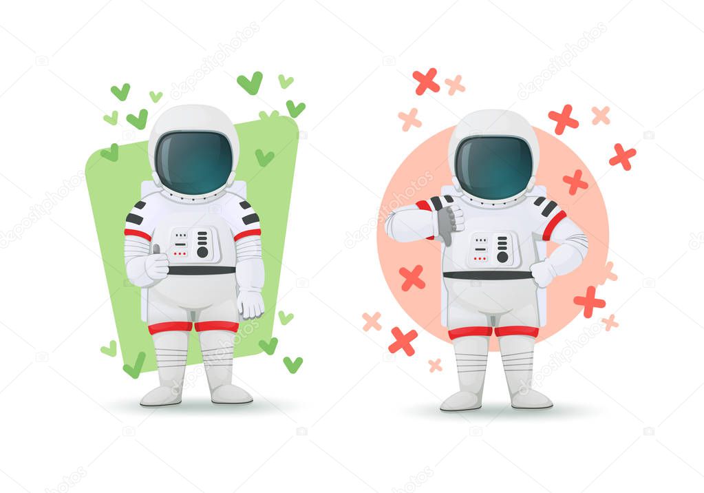 Set of astronauts making gestures of approval and disapproval. One showing thumbs up and other thumbs down sign. Like and dislike poses. Isolated on a white background. Cartoon characters. Vector illustration.