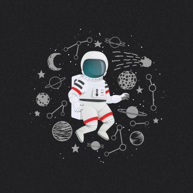 Çizgi film astronot gezegenler, yıldızlar, kuyruklu yıldız ve takımyıldızları karanlık bir arka plan ile. Keşif, macera illüstrasyon. Poster, tişört tasarım. Vektör.