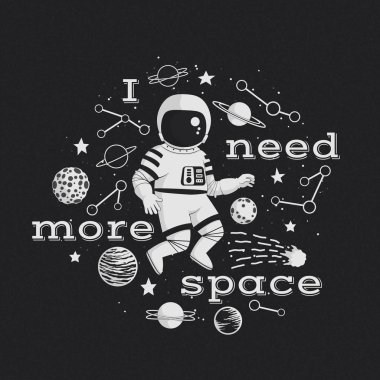 Daha fazla alan vektör çizim, poster, tişört tasarım gerekir. Tek renkli karikatür astronot gezegenler, kuyruklu yıldız, takımyıldızları ve karanlık bir arka plan üzerinde yıldız ile.