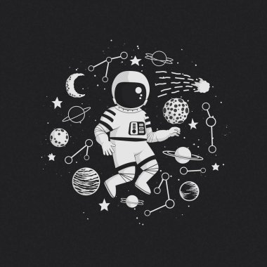 Tek renkli vektör çizim, poster, tişört tasarım. Yıldızlar, gezegenler, kuyruklu yıldız ve takımyıldızları karanlık bir arka plan üzerinde çizgi film astronot.