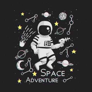 Uzay macera vektör çizim, poster, tişört tasarım. Tek renkli karikatür astronot bir blaster gezegenlerin, kuyruklu yıldız, takımyıldızları ve pembe ve mavi/yeşil gölgeler ile sarı yıldız holding.