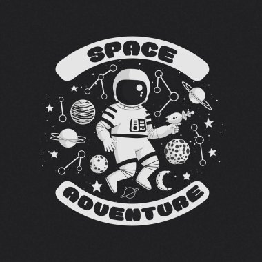 Uzay macera vektör çizim, poster, tişört tasarım. Tek renkli karikatür astronot karanlık bir arka plan üzerinde bir blaster gezegenlerin, takım yıldızları ve yıldız holding.