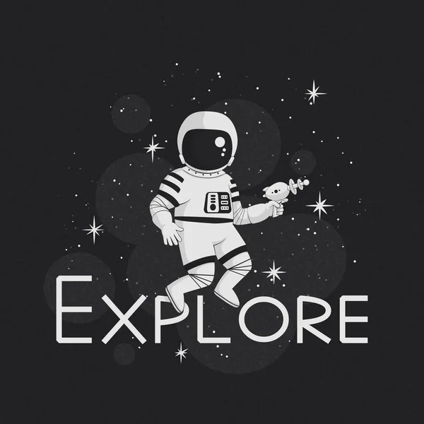 Verken Vectorillustratie Poster Shirt Design Monochroom Cartoon Astronaut Houden Een — Stockvector