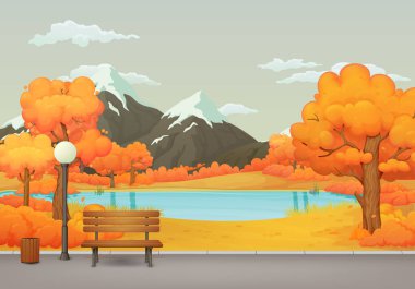 Autumn day park scene. Wooden bench with trash can and street lamp on an asphalt park trail with yellow and orange trees and bushes with falling leaves. Lake, mountains and gray sky with clouds in the background. clipart