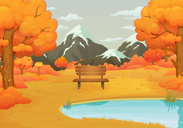 Illustrazione Vettoriale Del Giorno Autunno Panca Legno Riva Lago Con — Vettoriale Stock