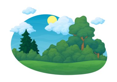 Yaz günü kırsal sahne. Çam ve köknar ağaçları ile yeşil çayır ve