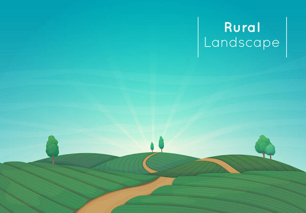Rural farming landscape vector illustration. Green agricultural 