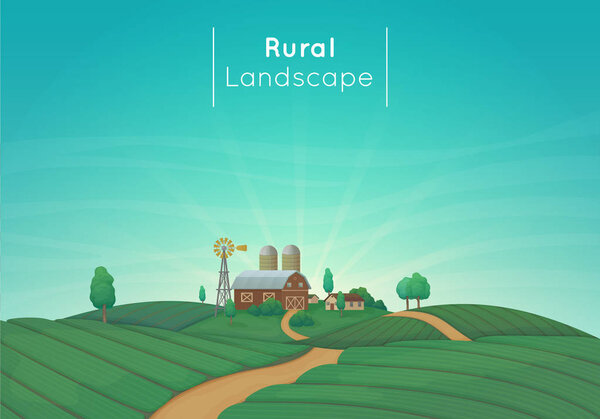 Rural farming landscape vector illustration. Farm house, barn, s