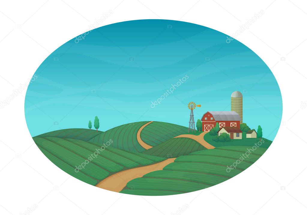 Rural farming  vector illustration. Farm house, barn, silo, wind