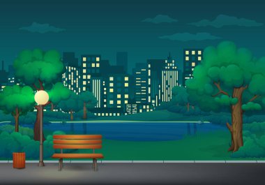 Yaz, ilkbahar gece park vektör çizim. Ahşap Bank, çöp kutusu ve yemyeşil yeşil ağaçlar, çalılar, göl ve cityscape arka planda bir asfalt park izinde sokak lambası.