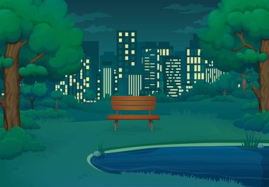 Yaz, ilkbahar gece vektör çizim. Göl kenarındaki ahşap Bank.