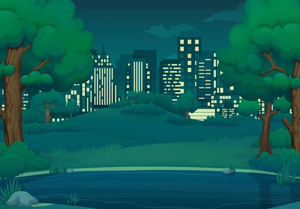 Verano, primavera noche vector ilustración. Lago o río con exuberantes árboles y arbustos verdes, colinas, prados y paisaje urbano en el fondo . — Archivo Imágenes Vectoriales