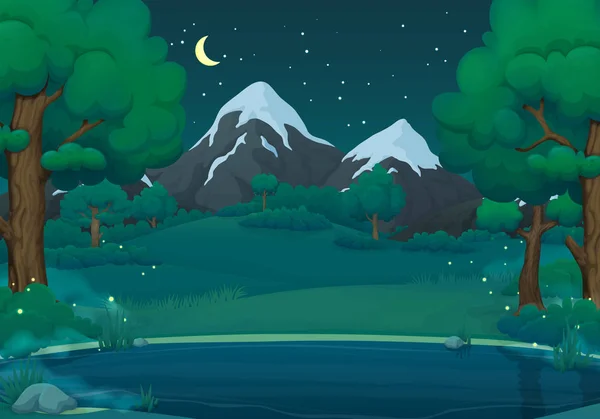 Летняя, весенняя векторная иллюстрация. Туманное озеро или река с светлячками, пышные зеленые деревья, кусты, горы и темно-синее небо со звездами и полумесяцем на заднем плане . — стоковый вектор