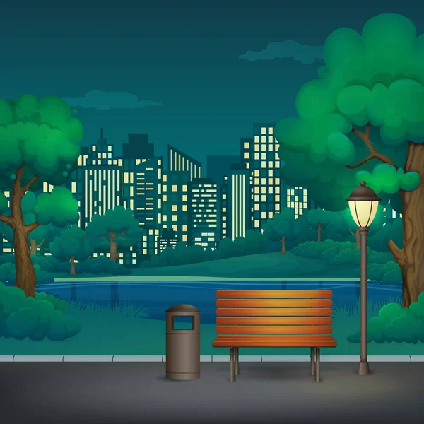 Verano, primavera noche parque vector ilustración. Banco de madera, papelera y farola en un sendero de parque de asfalto con árboles verdes, arbustos, lago y paisaje urbano en el fondo . — Vector de stock