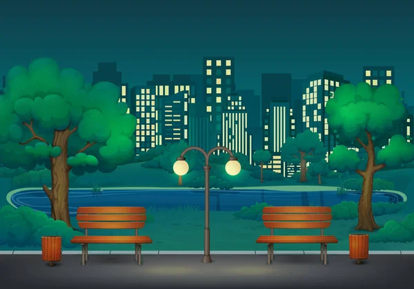 Verão, cena do parque nocturno da Primavera. Dois bancos com caixotes de lixo e candeeiro de rua num trilho do parque. Lago e paisagem urbana no fundo . —  Vetores de Stock