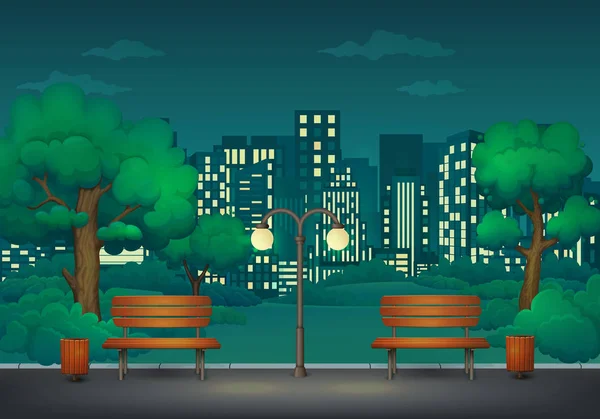 Summer, parque nocturno de primavera. Dos bancos con botes de basura y farola en un sendero del parque . — Vector de stock