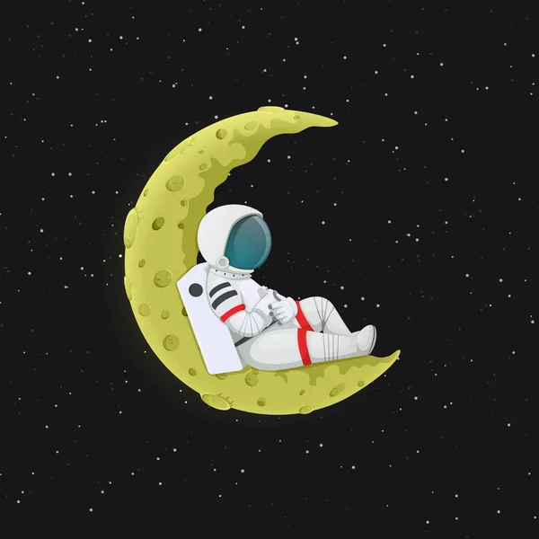 Kreslený astronaut ležící na žluté srpek měsíce. Vesmír a hvězdy na pozadí. — Stockový vektor