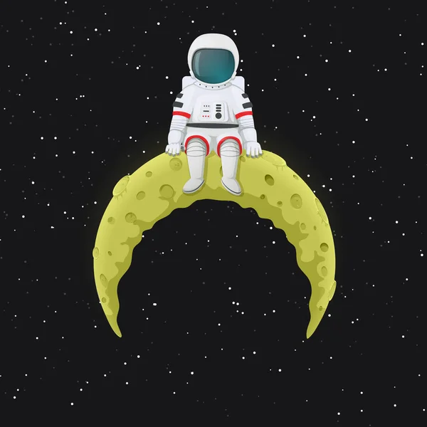 Cartoon astronaut zit op de top van het gele crescent Moon. De ruimte met sterren op de achtergrond. — Stockvector