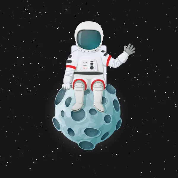 Cartoon astronaut sitting on the Moon waving. Outer space and stars in the background.