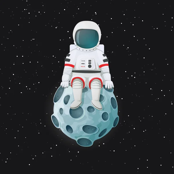 Cartoon astronaut zittend op de maan. De ruimte en sterren op de achtergrond. — Stockvector