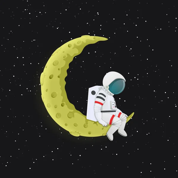 Astronauta dos desenhos animados sentado com as pernas penduradas na lua crescente amarela . —  Vetores de Stock