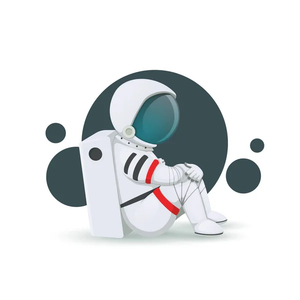 Depressief cartoon astronaut zittend op de vloer geïsoleerd op een witte achtergrond. — Stockvector