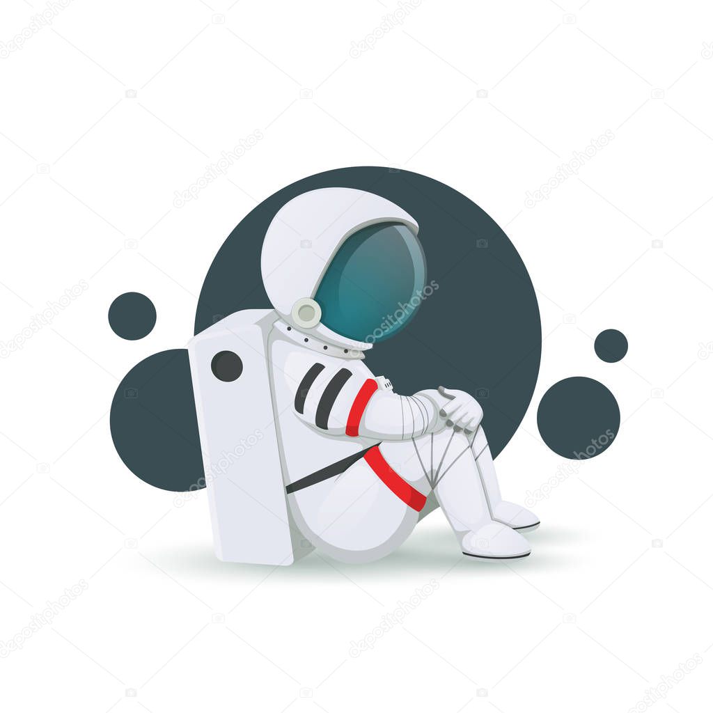 Depressed cartoon astronaut sitting on the floor isolated on a white background.