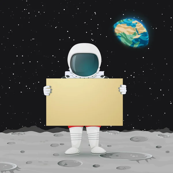 Векторная иллюстрация. Астронавт, стоящий на поверхности Луны, держит большой знак . — стоковый вектор