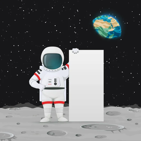 Vector illustratie. Astronaut staande op de Maan oppervlak in de buurt van Big Sign. — Stockvector
