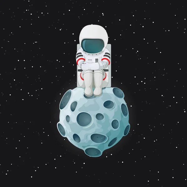 Boşluk ve yıldız içinde belgili tanımlık geçmiş ay üzerinde oturan üzgün çizgi film astronot. — Stok Vektör