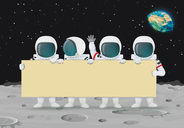 Groep van astronauten met een bod banner staande op een maanoppervlak. — Stockvector