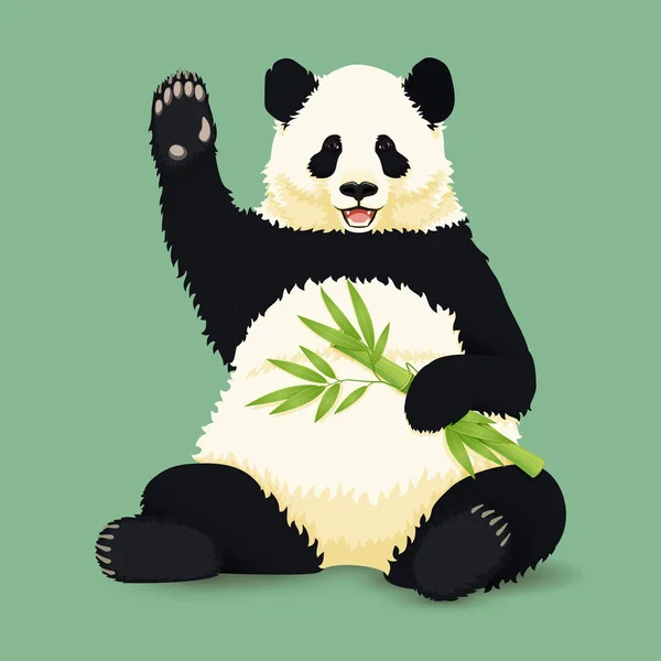 Tecknad vektor illustration. Söt leende Giant Panda sitter Holding Bamboo Branch. — Stock vektor