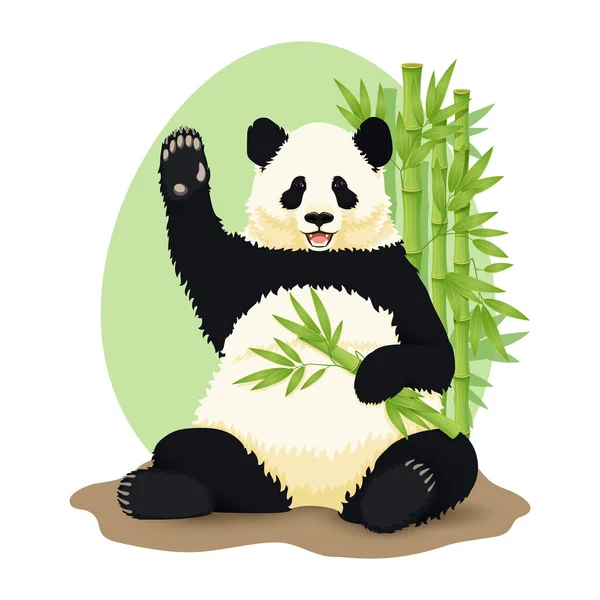 Ilustracja wektorowa kreskówka. Cute uśmiechnięty gigant Panda siedzi gospodarstwa bambusa gałąź z drzew bambusa w tle. — Wektor stockowy