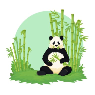 Dev panda oturma ve arka planda bambu orman ile yeme.