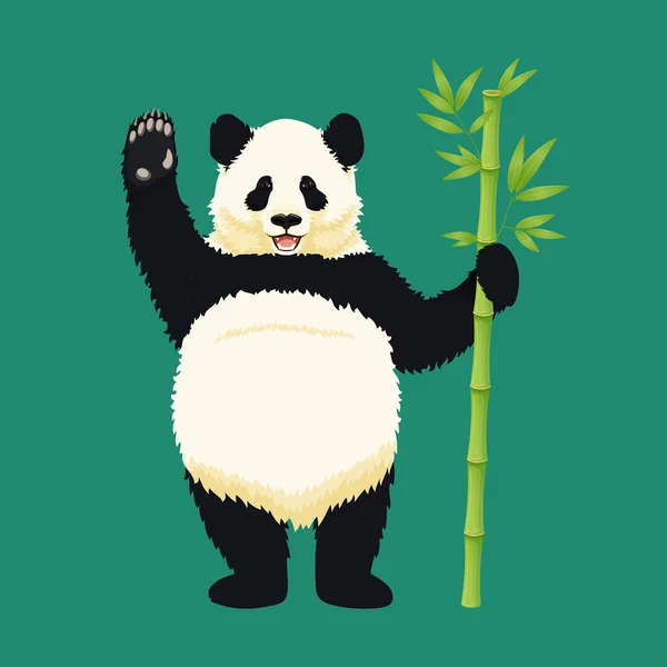 Riesenpanda steht auf Hinterbeinen, hält Bambuszweig, lächelt und winkt. — Stockvektor