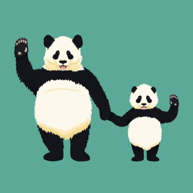 Adult giant panda and baby panda standing holding hands and waving. clipart